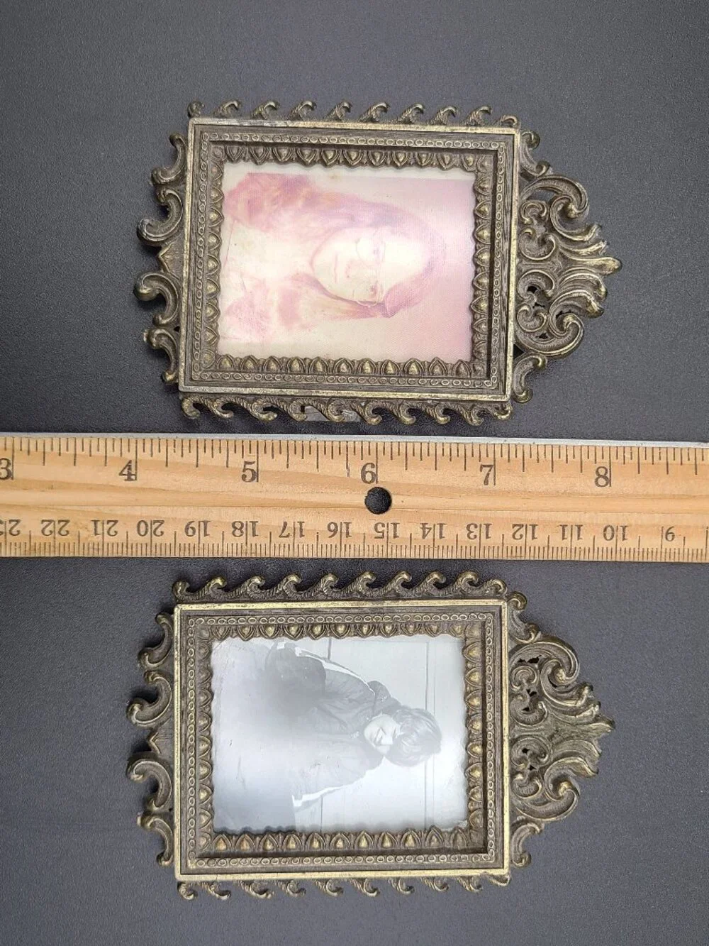 2 Vintage Italian Ornate Brass Metal Mini Picture Frames Pair Italy Mod Dep 4